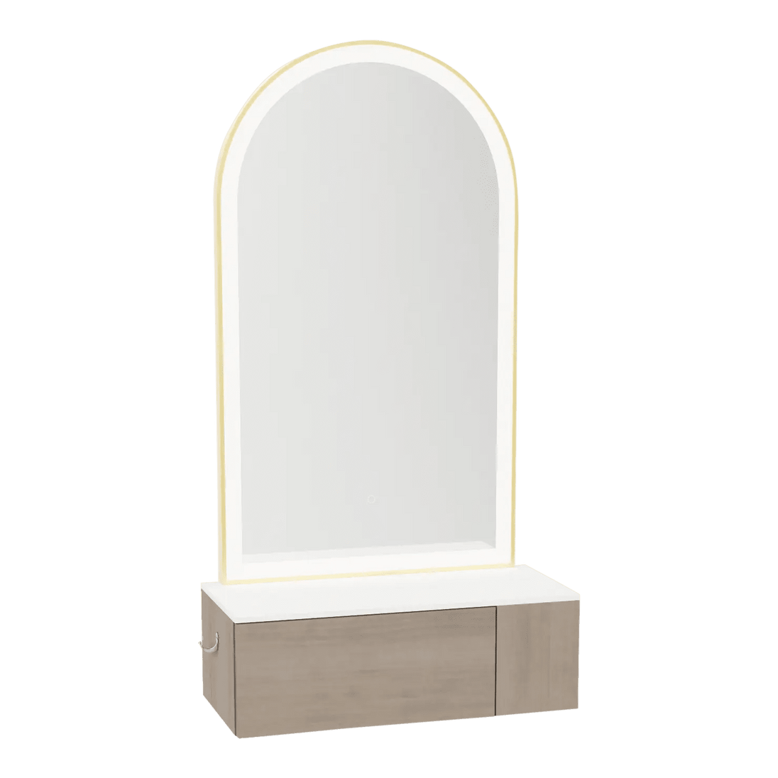 Glo Wall Mount Styling Station with Concealed Appliance Holder, Solid Surface Countertop, and Gold Arch Paloma Mirror - Kaemark