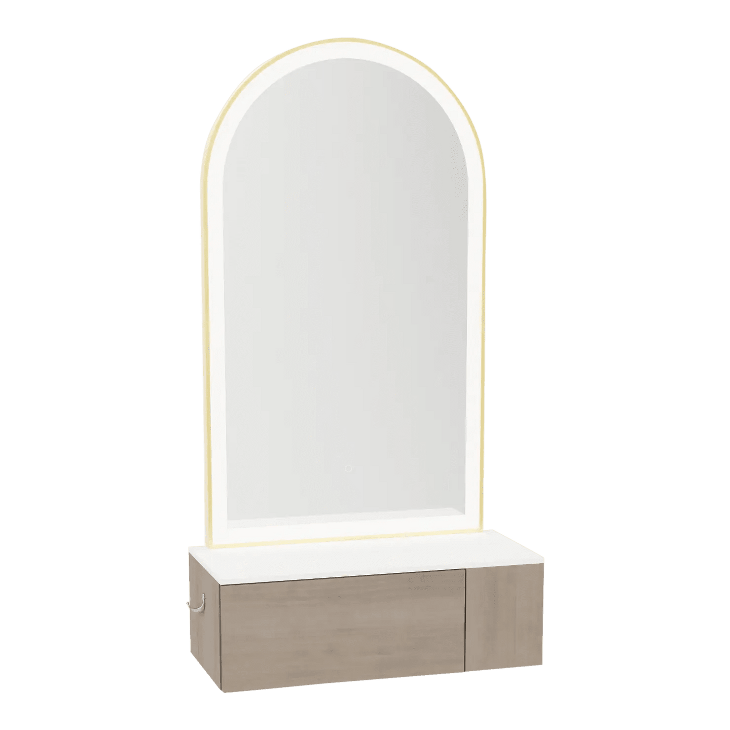 Glo Wall Mount Styling Station with Concealed Appliance Holder, Solid Surface Countertop, and Gold Arch Paloma Mirror - Kaemark