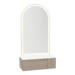Glo Wall Mount Styling Station with Concealed Appliance Holder, Solid Surface Countertop, and Gold Arch Paloma Mirror - Kaemark
