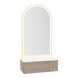 Glo Wall Mount Styling Station with Concealed Appliance Holder, Solid Surface Countertop, and Gold Arch Paloma Mirror - Kaemark