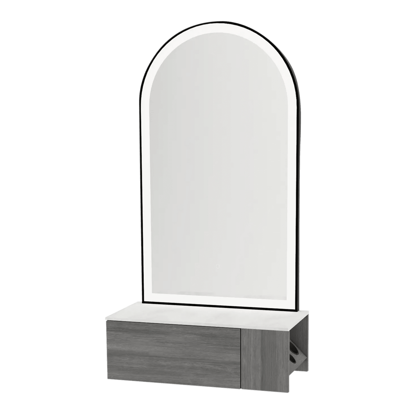 Glo Wall Mount Styling Station with Concealed Appliance Holder, Solid Surface Countertop, and Black Arch Paloma Mirror - Kaemark