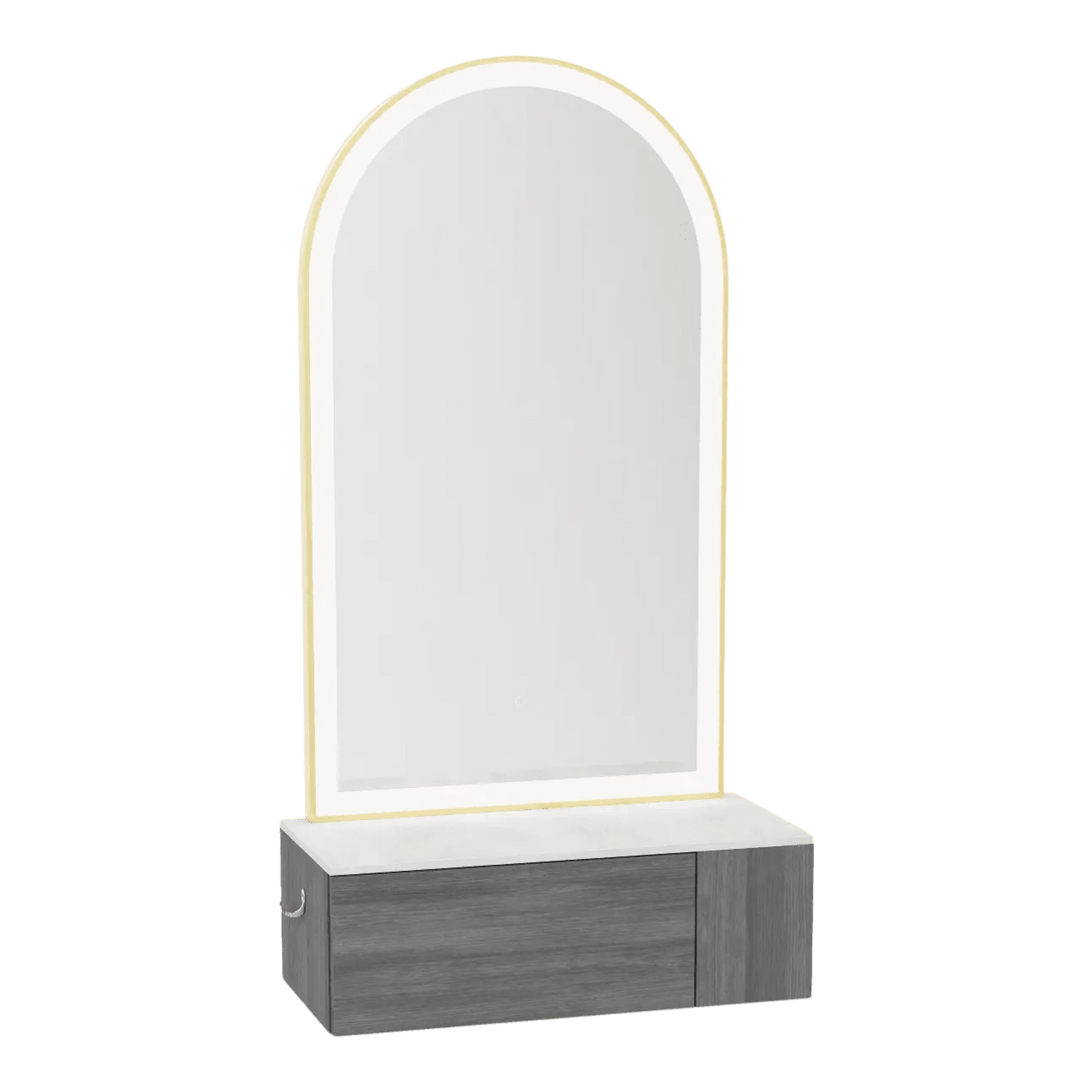 Glo Wall Mount Styling Station with Concealed Appliance Holder, Solid Surface Countertop, and Gold Arch Paloma Mirror - Kaemark
