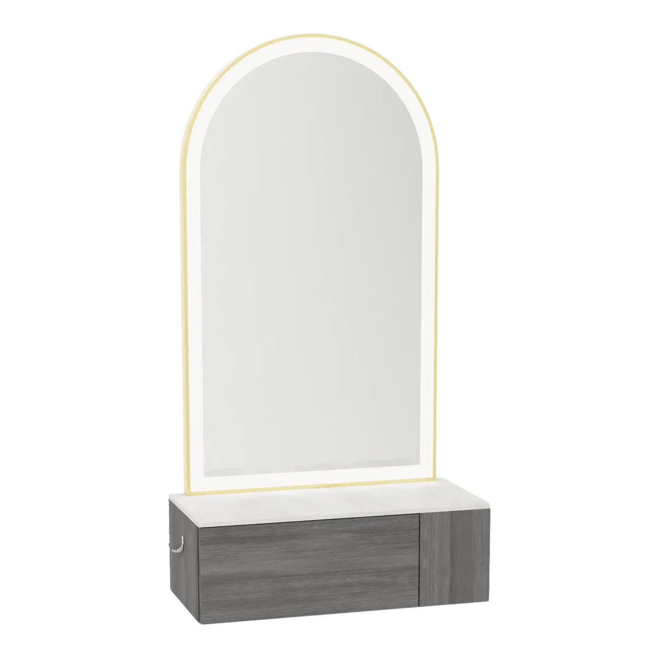 Glo Wall Mount Styling Station with Concealed Appliance Holder, Solid Surface Countertop, and Gold Arch Paloma Mirror - Kaemark