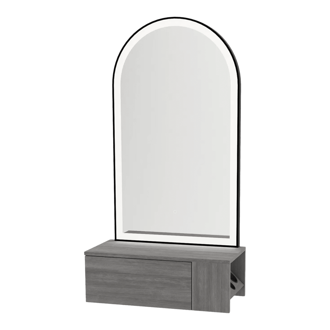 Glo Wall Mount Styling Station with Concealed Appliance Holder and Black Arch Paloma Mirror - Kaemark