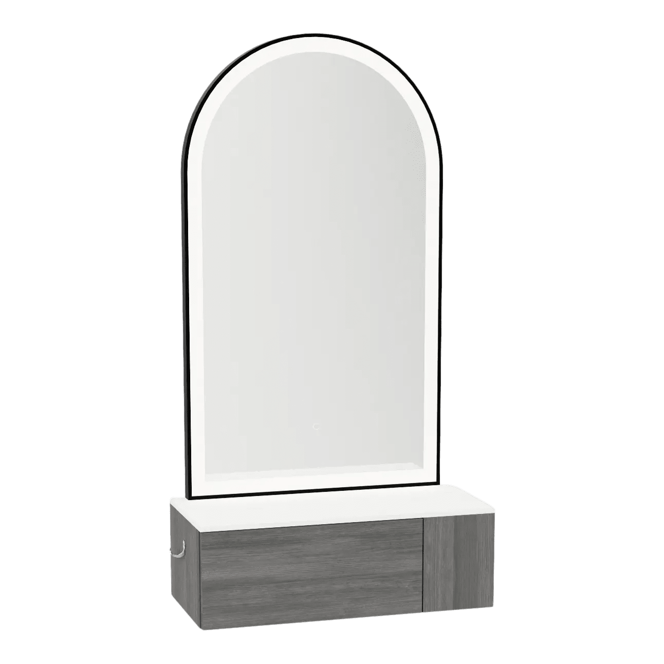 Glo Wall Mount Styling Station with Concealed Appliance Holder, Solid Surface Countertop, and Black Arch Paloma Mirror - Kaemark