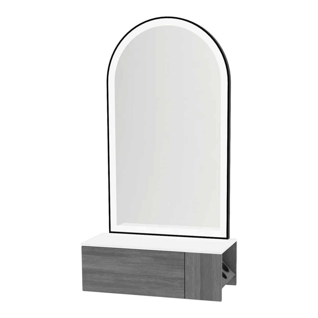 Glo Wall Mount Styling Station with Concealed Appliance Holder, Solid Surface Countertop, and Black Arch Paloma Mirror - Kaemark
