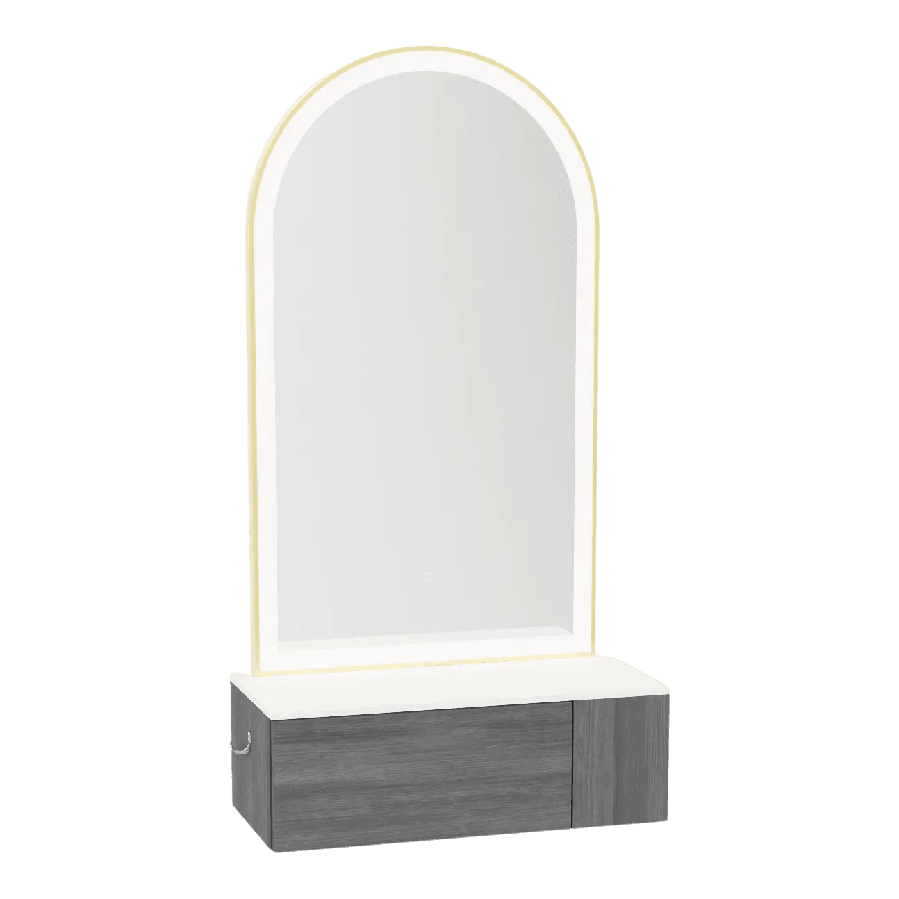 Glo Wall Mount Styling Station with Concealed Appliance Holder, Solid Surface Countertop, and Gold Arch Paloma Mirror - Kaemark