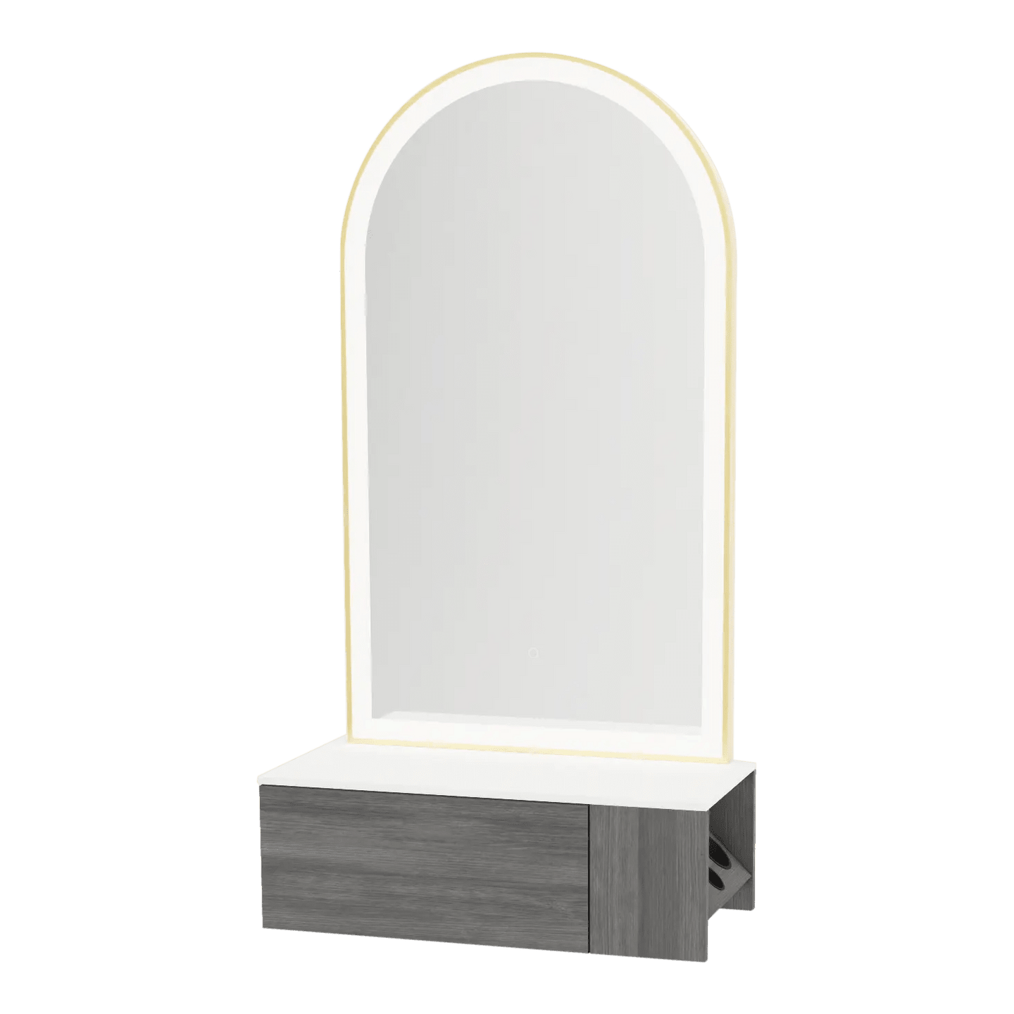 Glo Wall Mount Styling Station with Concealed Appliance Holder, Solid Surface Countertop, and Gold Arch Paloma Mirror - Kaemark