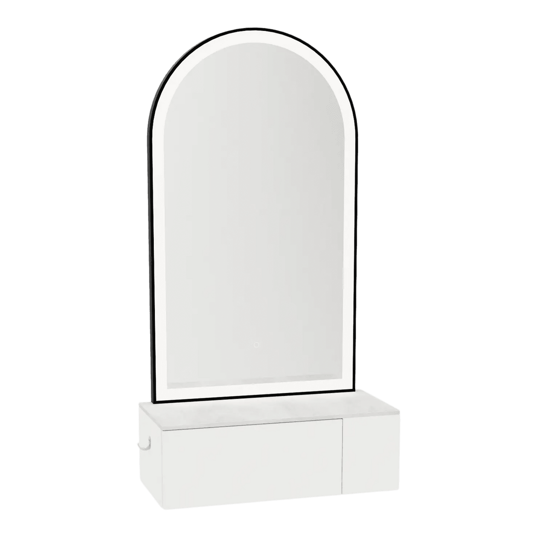 Glo Wall Mount Styling Station with Concealed Appliance Holder, Solid Surface Countertop, and Black Arch Paloma Mirror - Kaemark