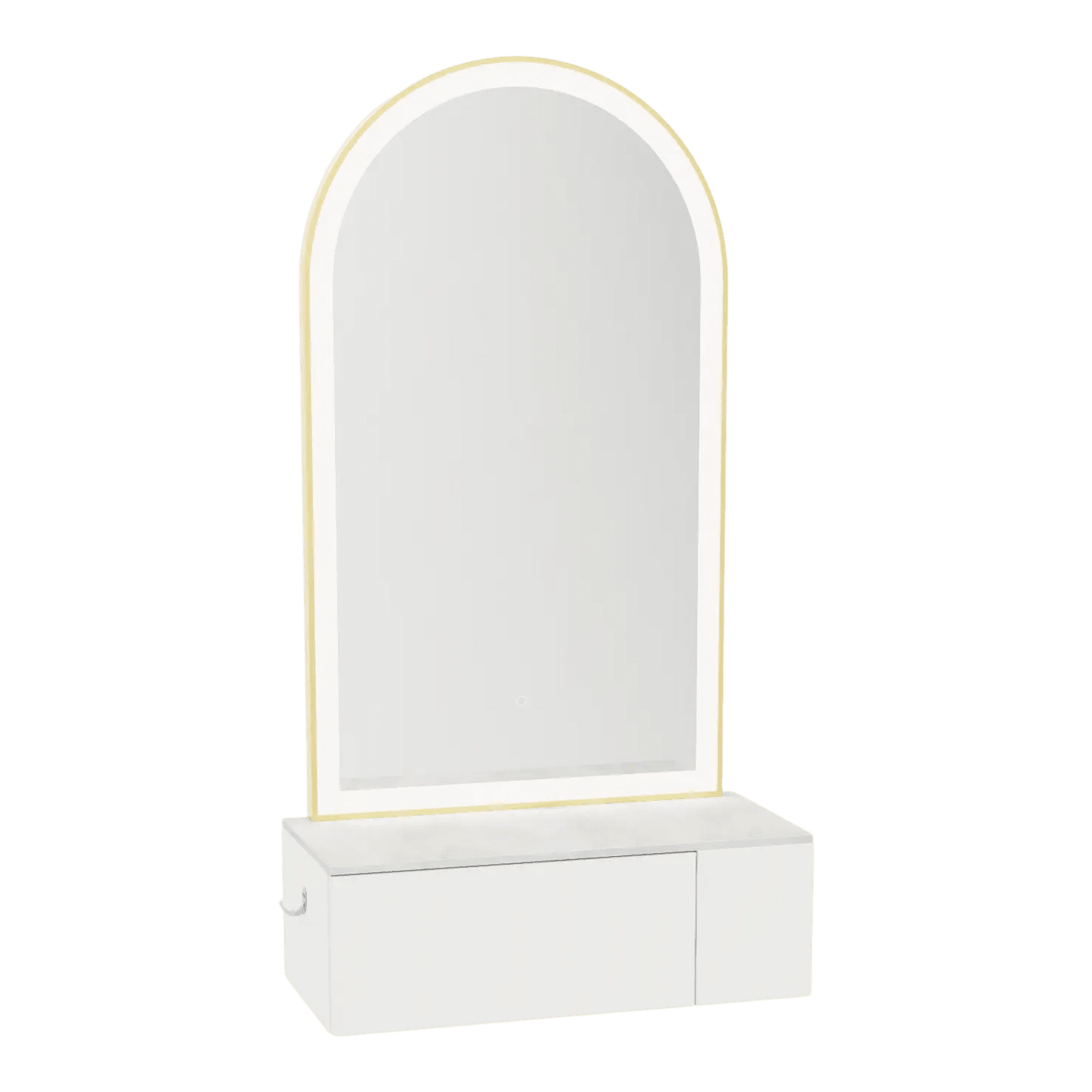 Glo Wall Mount Styling Station with Concealed Appliance Holder, Solid Surface Countertop, and Gold Arch Paloma Mirror - Kaemark