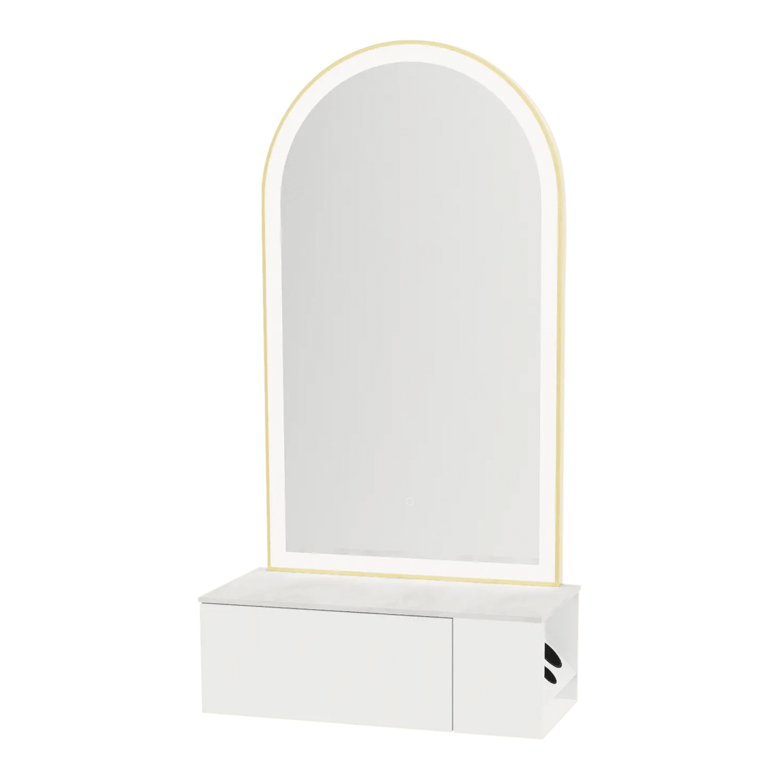 Glo Wall Mount Styling Station with Concealed Appliance Holder, Solid Surface Countertop, and Gold Arch Paloma Mirror - Kaemark