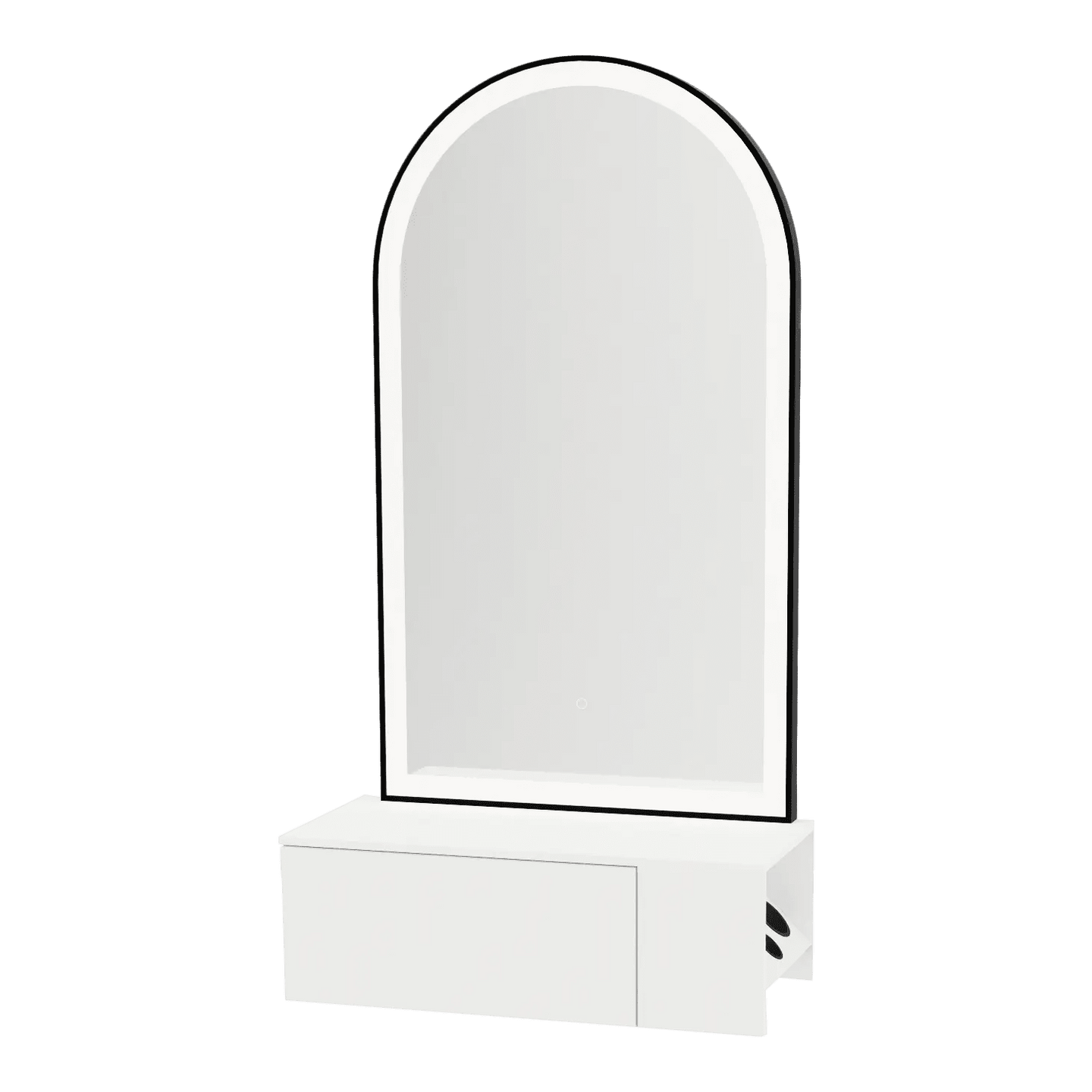 Glo Wall Mount Styling Station with Concealed Appliance Holder, Solid Surface Countertop, and Black Arch Paloma Mirror - Kaemark