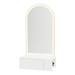 Glo Wall Mount Styling Station with Concealed Appliance Holder, Solid Surface Countertop, and Gold Arch Paloma Mirror - Kaemark