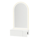 Glo Wall Mount Styling Station with Concealed Appliance Holder, Solid Surface Countertop, and Gold Arch Paloma Mirror - Kaemark