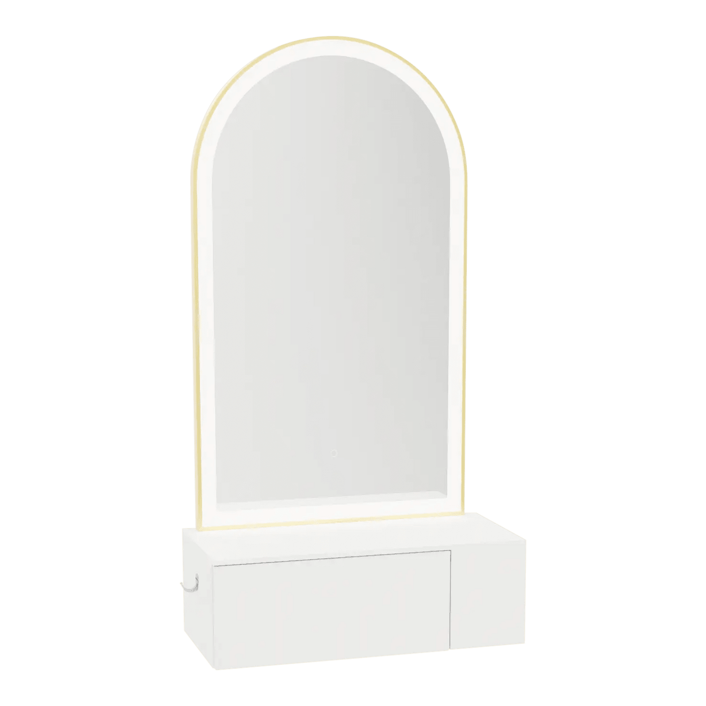 Glo Wall Mount Styling Station with Concealed Appliance Holder, Solid Surface Countertop, and Gold Arch Paloma Mirror - Kaemark