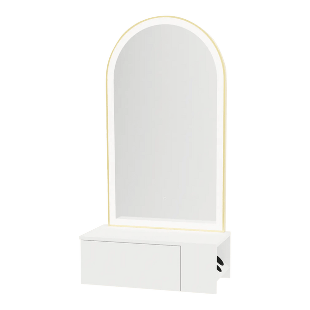 Glo Wall Mount Styling Station with Concealed Appliance Holder and Gold Arch Paloma Mirror - Kaemark