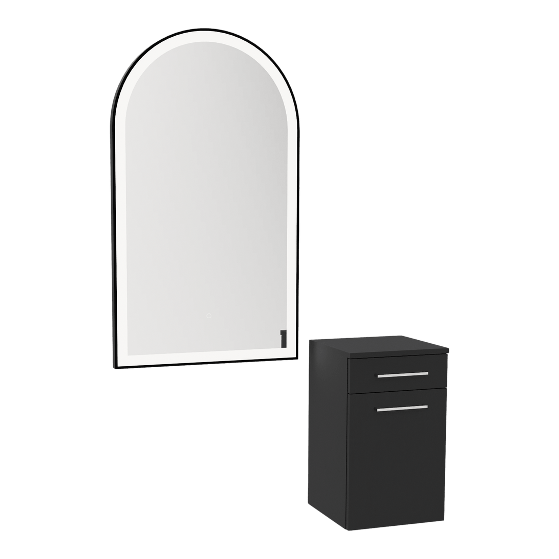 Glo Wall Mount Styling Station with Tilt-out Appliance Holder and Black Arch Paloma Mirror - Kaemark
