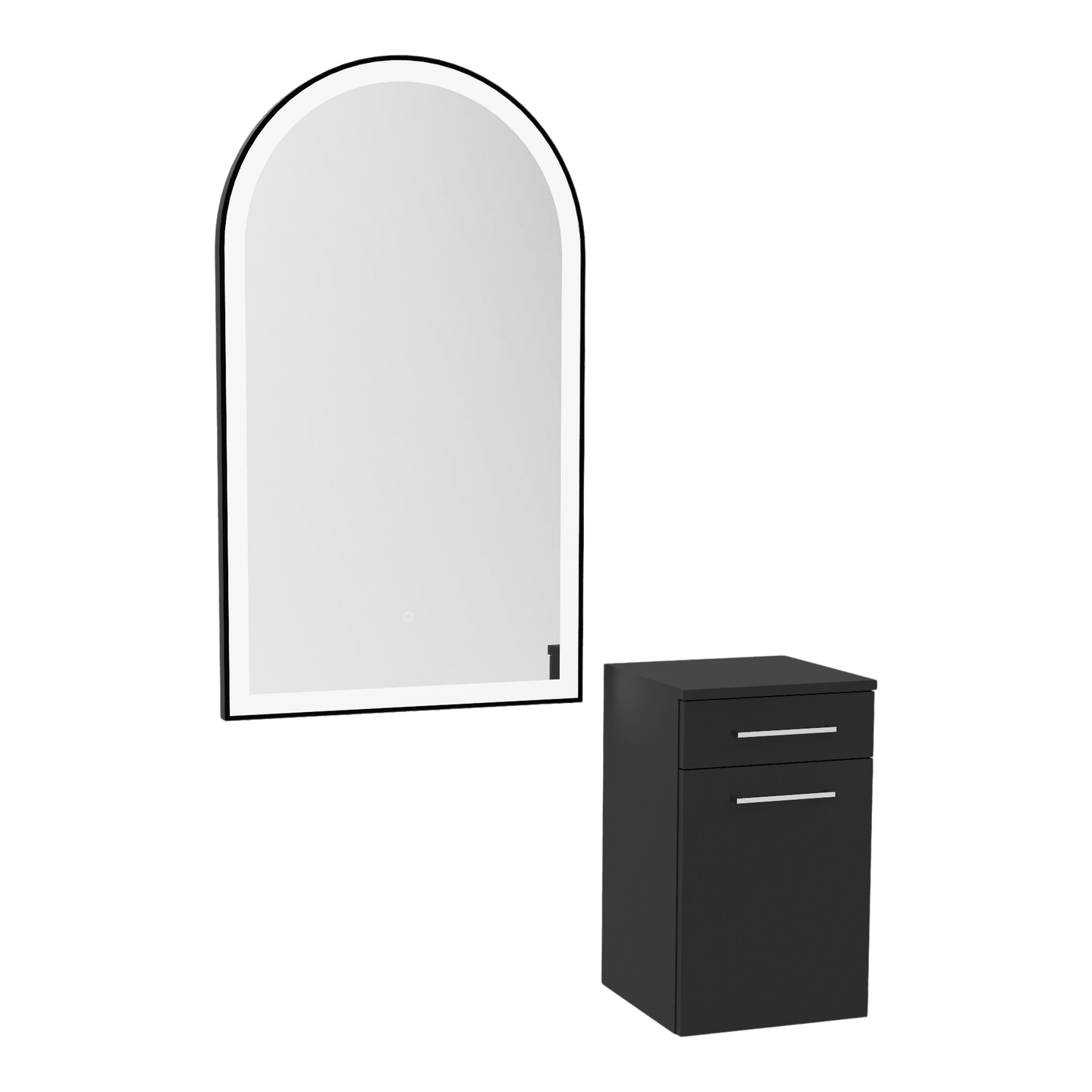 Glo Wall Mount Styling Station with Tilt-out Appliance Holder and Black Arch Paloma Mirror - Kaemark
