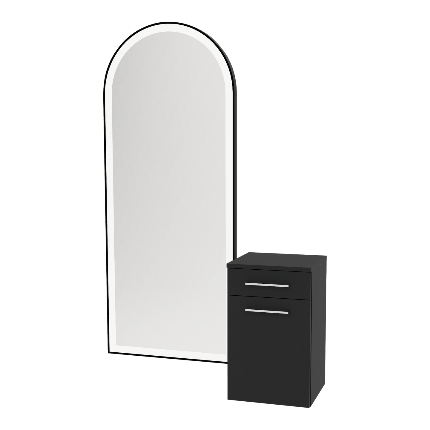 Glo Wall Mount Styling Station with Tilt-out Appliance Holder and Black Full-Length Arch Paloma Mirror - Kaemark