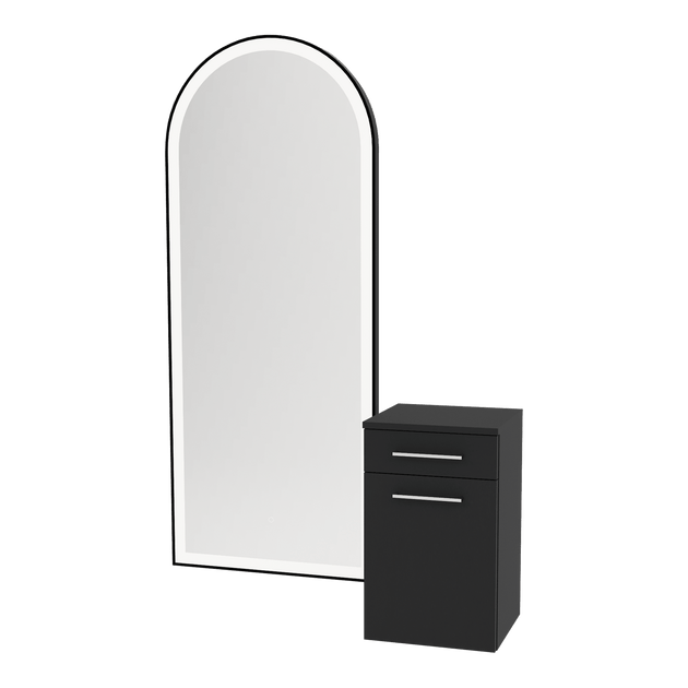 Glo Wall Mount Styling Station with Tilt-out Appliance Holder and Black Full-Length Arch Paloma Mirror - Kaemark