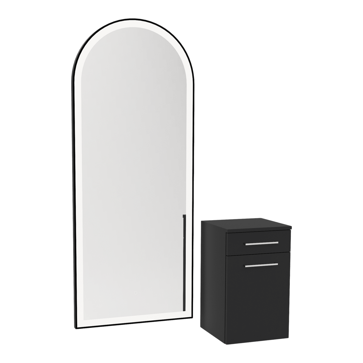 Glo Wall Mount Styling Station with Tilt-out Appliance Holder and Black Full-Length Arch Paloma Mirror - Kaemark