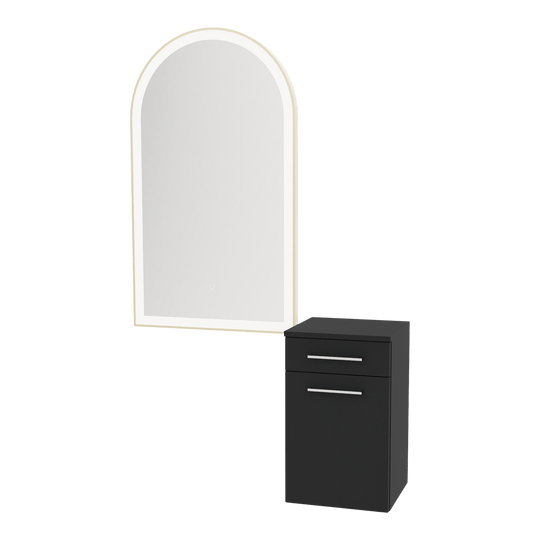 Glo Wall Mount Styling Station with Tilt-out Appliance Holder and Gold Arch Paloma Mirror - Kaemark