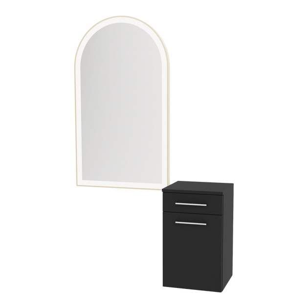 Glo Wall Mount Styling Station with Tilt-out Appliance Holder and Gold Arch Paloma Mirror - Kaemark