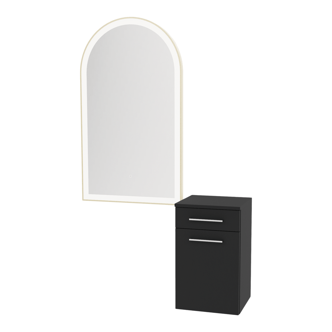 Glo Wall Mount Styling Station with Tilt-out Appliance Holder and Gold Arch Paloma Mirror - Kaemark