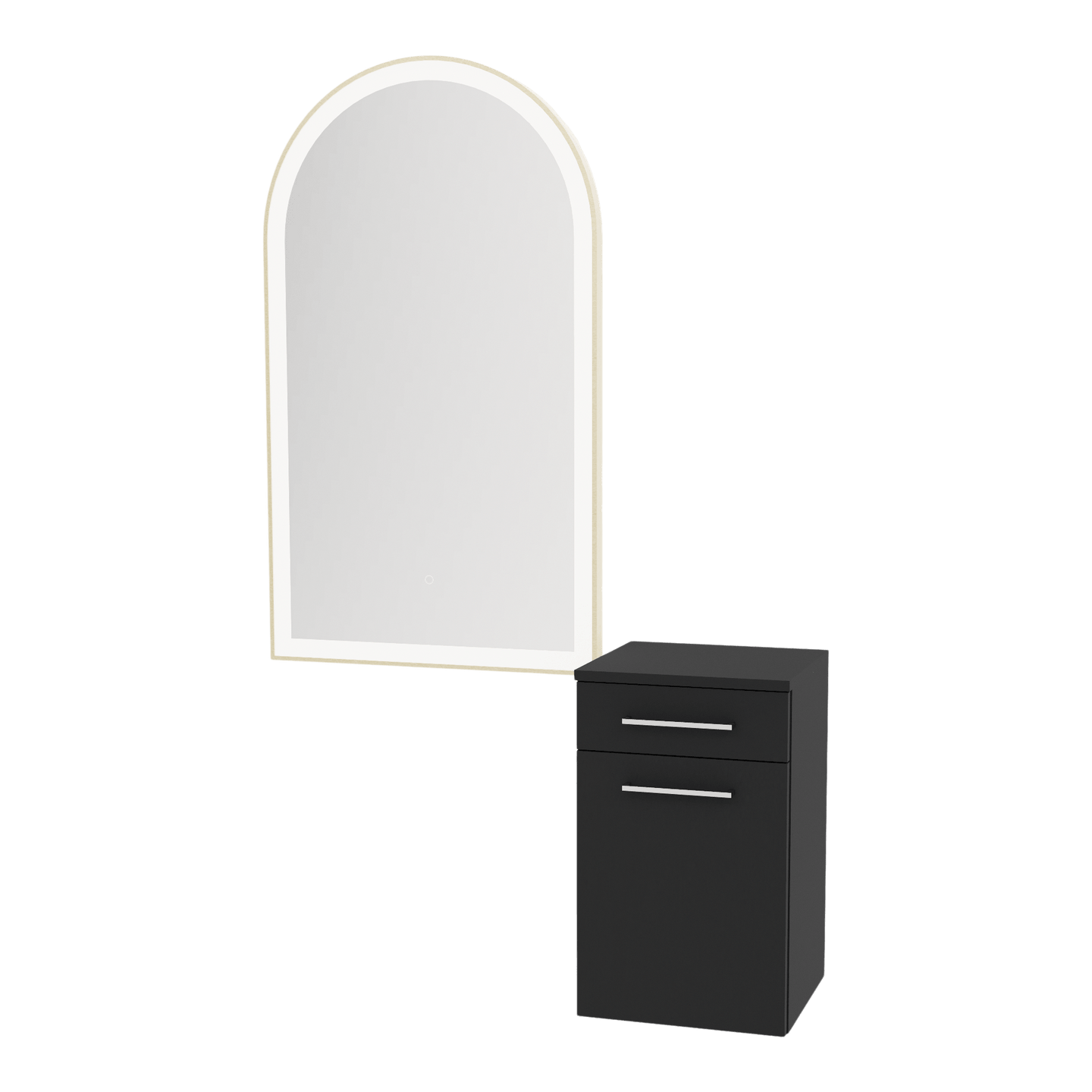 Glo Wall Mount Styling Station with Tilt-out Appliance Holder and Gold Arch Paloma Mirror - Kaemark