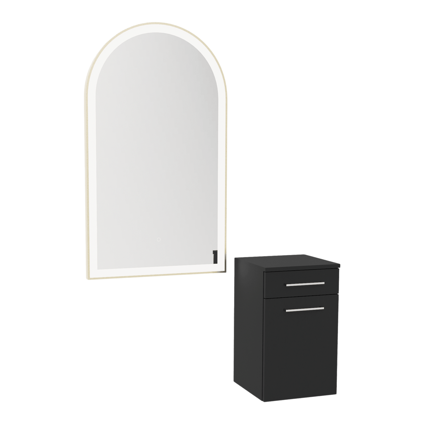 Glo Wall Mount Styling Station with Tilt-out Appliance Holder and Gold Arch Paloma Mirror - Kaemark