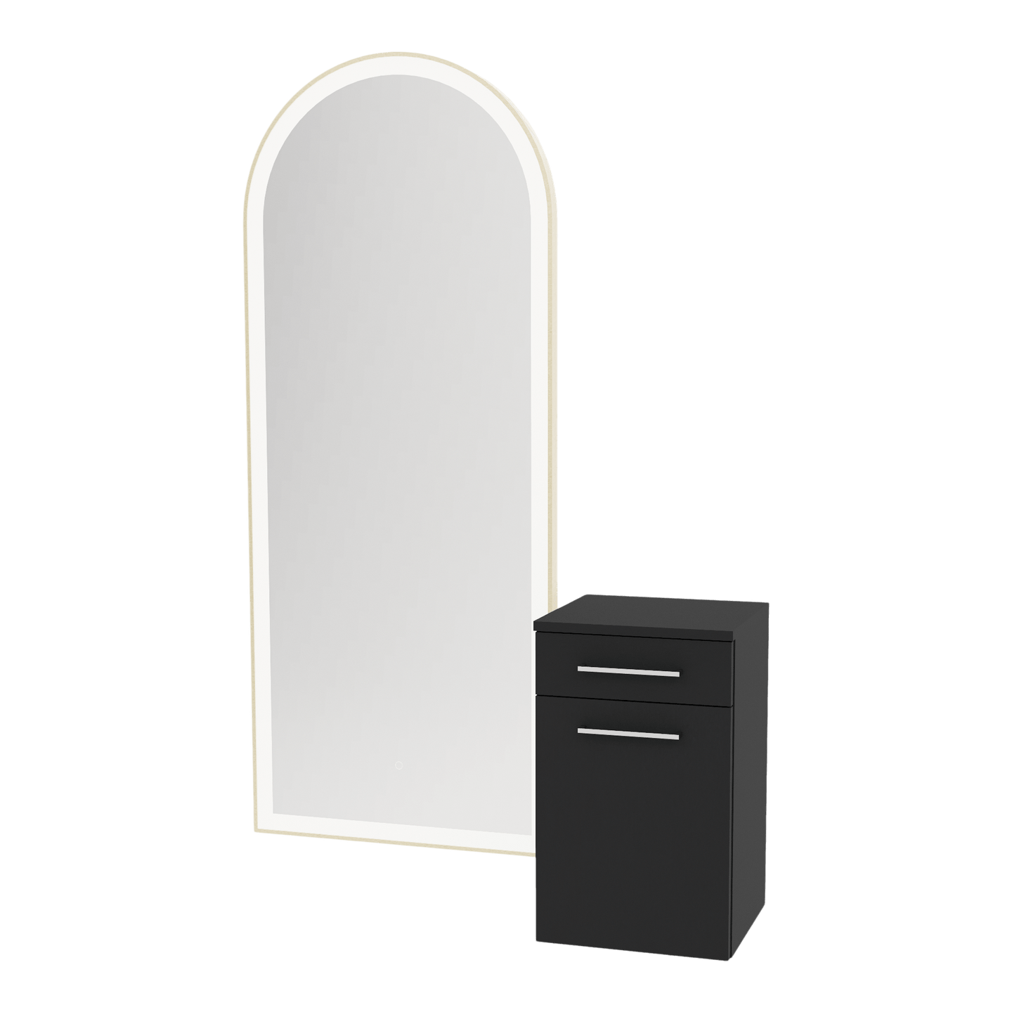 Glo Wall Mount Styling Station with Tilt-out Appliance Holder and Gold Full-Length Arch Paloma Mirror - Kaemark