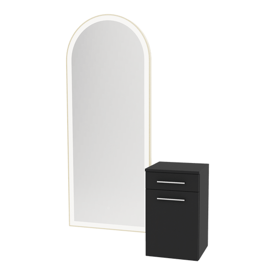 Glo Wall Mount Styling Station with Tilt-out Appliance Holder and Gold Full-Length Arch Paloma Mirror - Kaemark