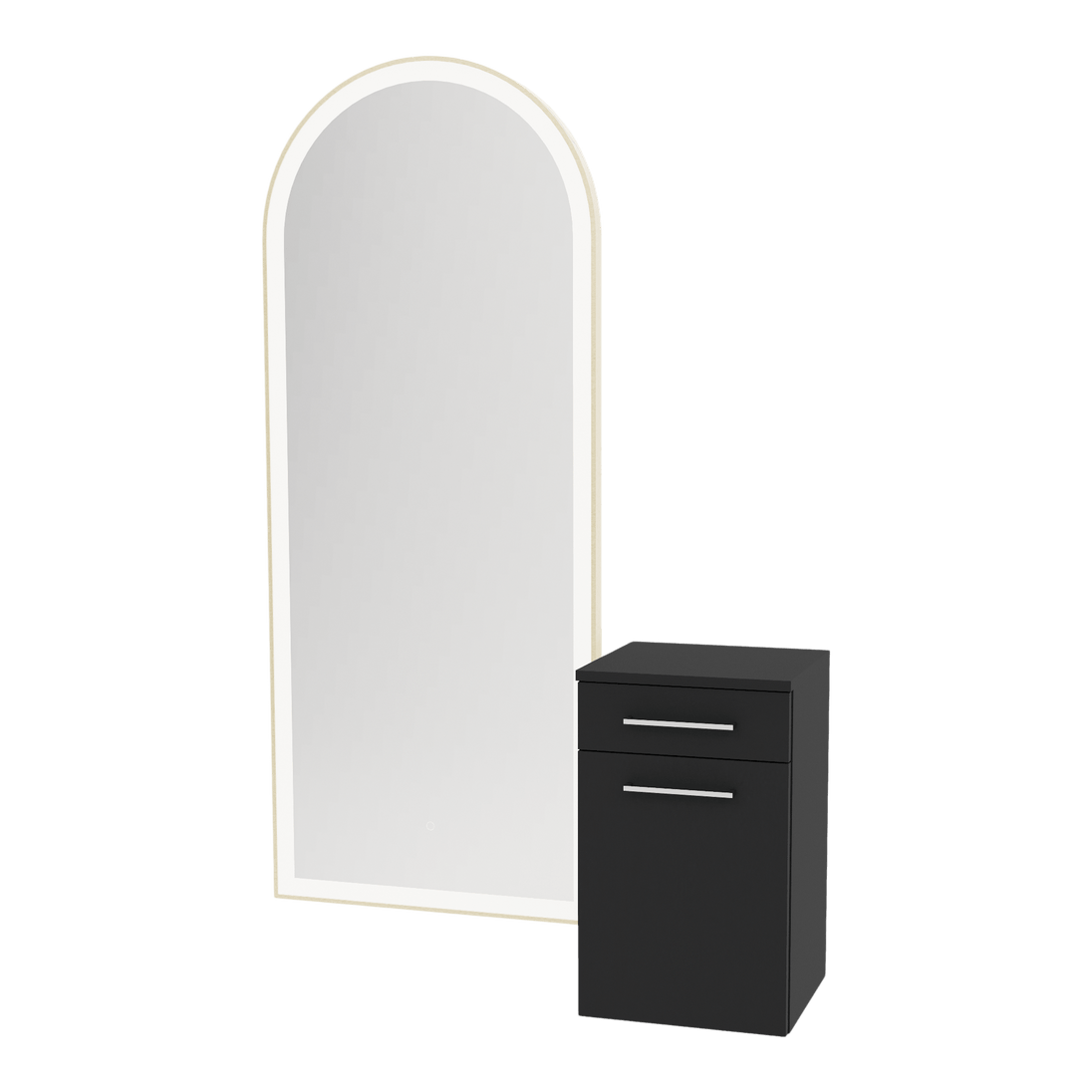 Glo Wall Mount Styling Station with Tilt-out Appliance Holder and Gold Full-Length Arch Paloma Mirror - Kaemark