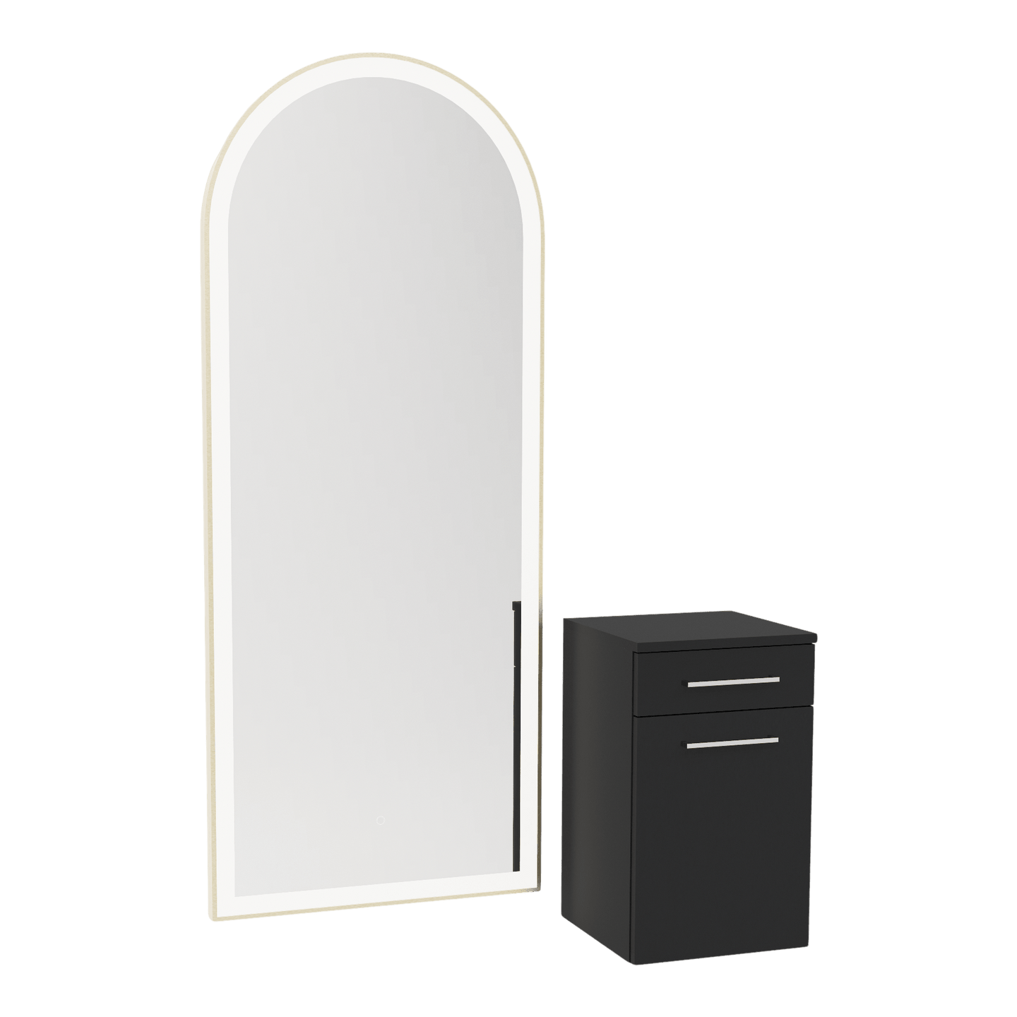 Glo Wall Mount Styling Station with Tilt-out Appliance Holder and Gold Full-Length Arch Paloma Mirror - Kaemark