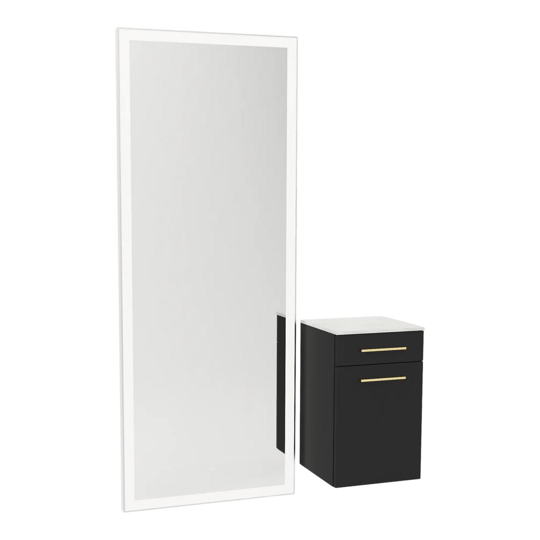 Glo Wall Mount Styling Station with Tilt-out Appliance Holder, Solid Surface Countertop, and Silver Full-Length Rectangle Glo Mirror - Kaemark