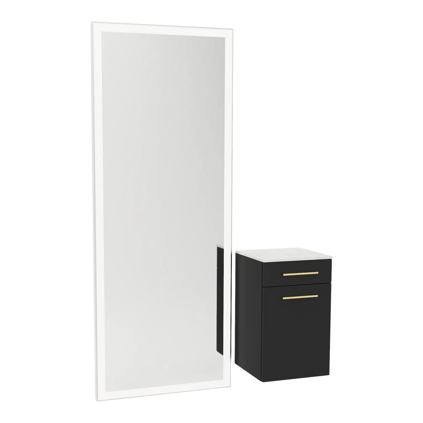 Glo Wall Mount Styling Station with Tilt-out Appliance Holder, Solid Surface Countertop, and Silver Full-Length Rectangle Glo Mirror - Kaemark