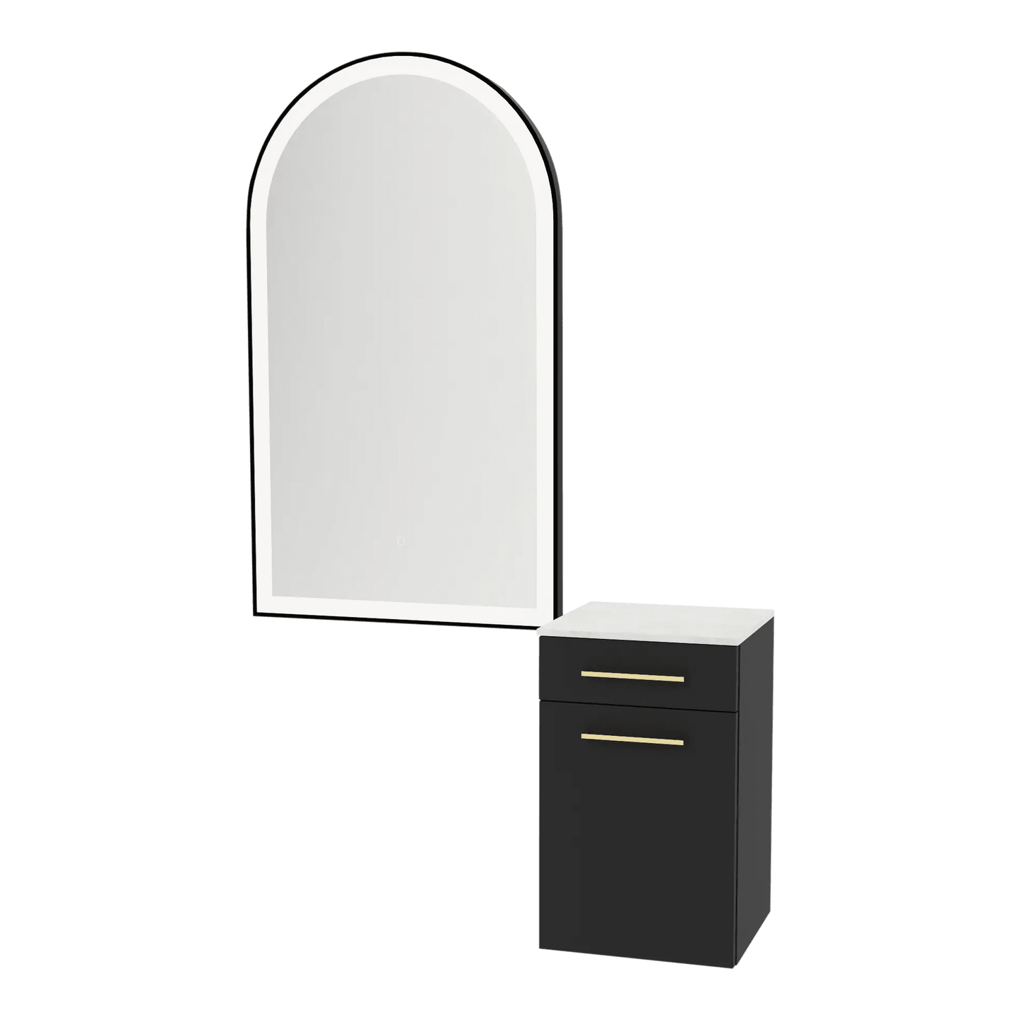 Glo Wall Mount Styling Station with Tilt-out Appliance Holder, Solid Surface Countertop, and Black Arch Paloma Mirror - Kaemark