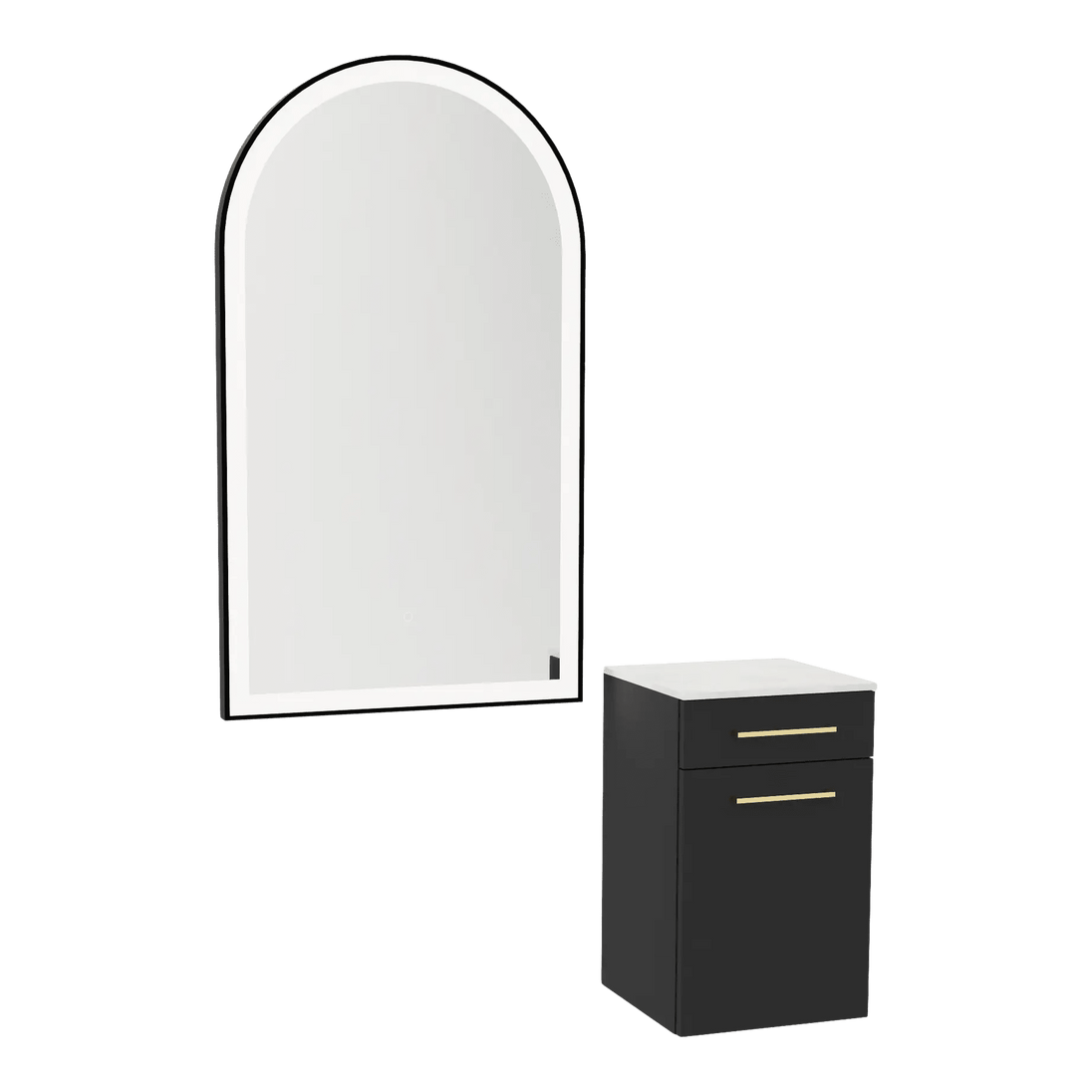 Glo Wall Mount Styling Station with Tilt-out Appliance Holder, Solid Surface Countertop, and Black Arch Paloma Mirror - Kaemark