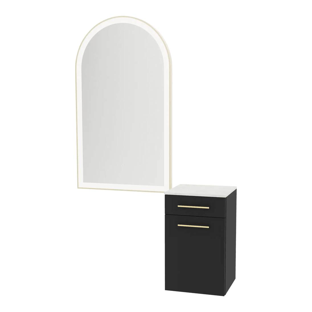 Glo Wall Mount Styling Station with Tilt-out Appliance Holder, Solid Surface Countertop, and Gold Arch Paloma Mirror - Kaemark