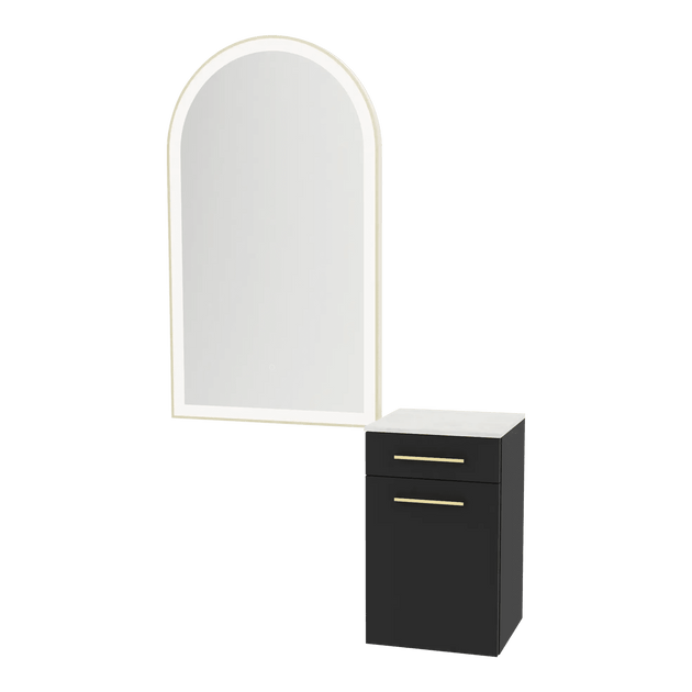 Glo Wall Mount Styling Station with Tilt-out Appliance Holder, Solid Surface Countertop, and Gold Arch Paloma Mirror - Kaemark