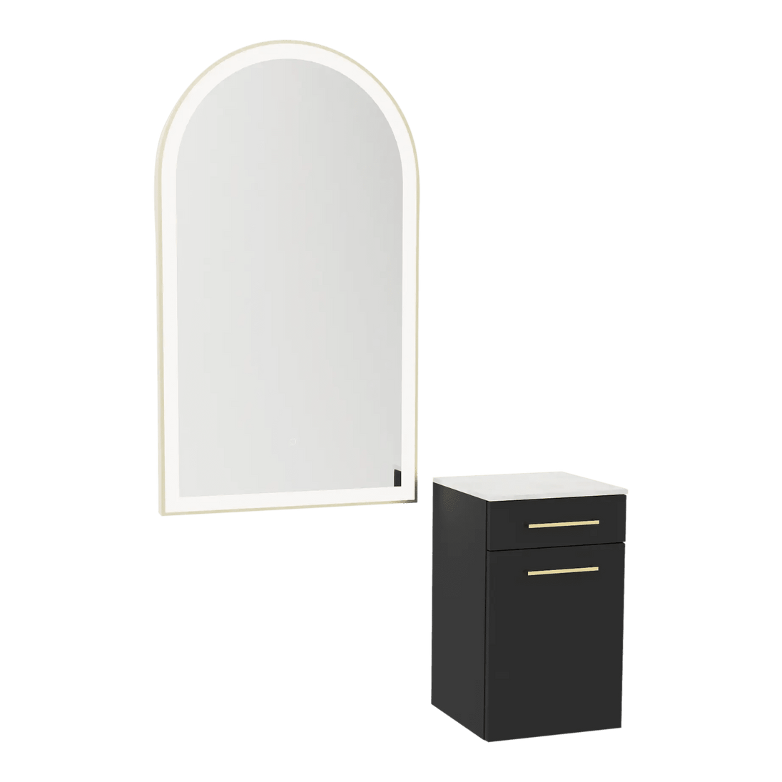 Glo Wall Mount Styling Station with Tilt-out Appliance Holder, Solid Surface Countertop, and Gold Arch Paloma Mirror - Kaemark