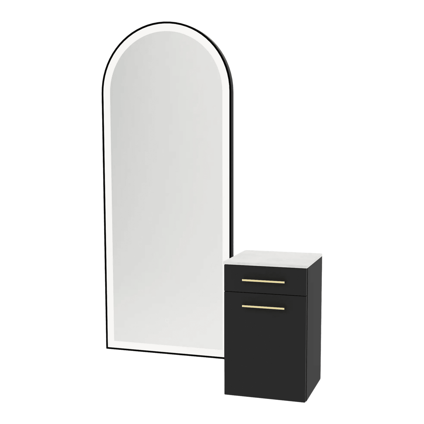 Glo Wall Mount Styling Station with Tilt-out Appliance Holder, Solid Surface Countertop, and Black Full-Length Arch Paloma Mirror - Kaemark