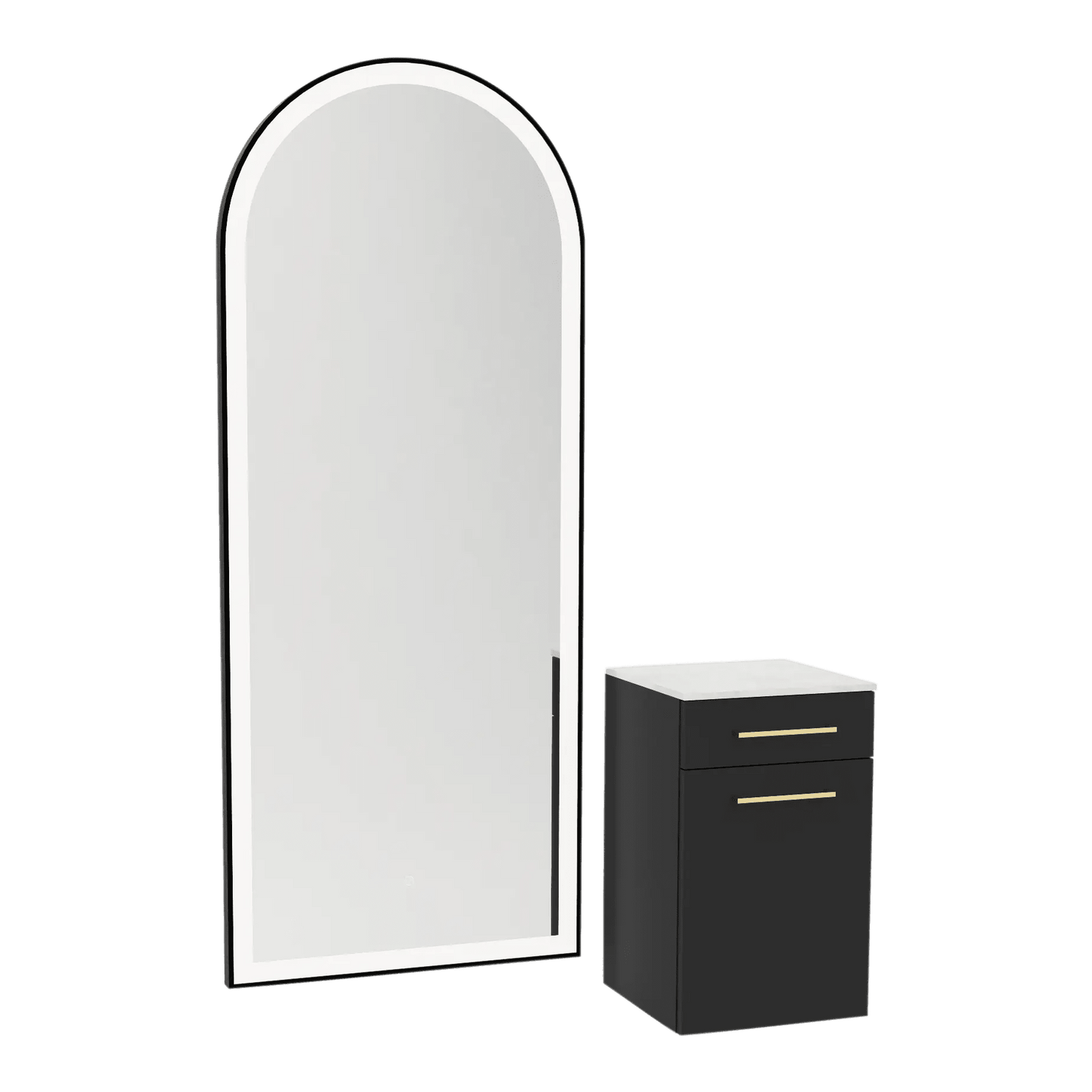 Glo Wall Mount Styling Station with Tilt-out Appliance Holder, Solid Surface Countertop, and Black Full-Length Arch Paloma Mirror - Kaemark