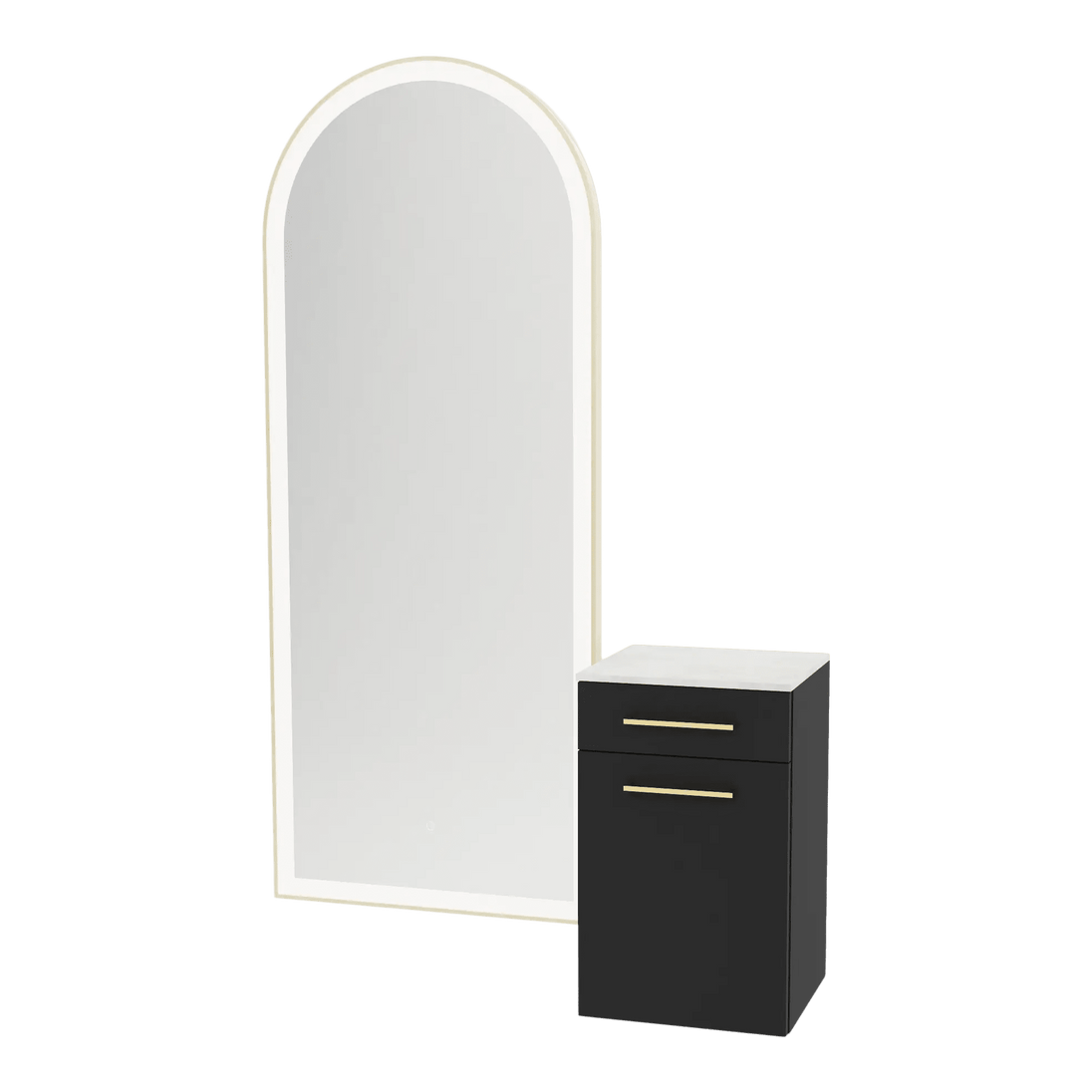Glo Wall Mount Styling Station with Tilt-out Appliance Holder, Solid Surface Countertop, and Gold Full-Length Arch Paloma Mirror - Kaemark