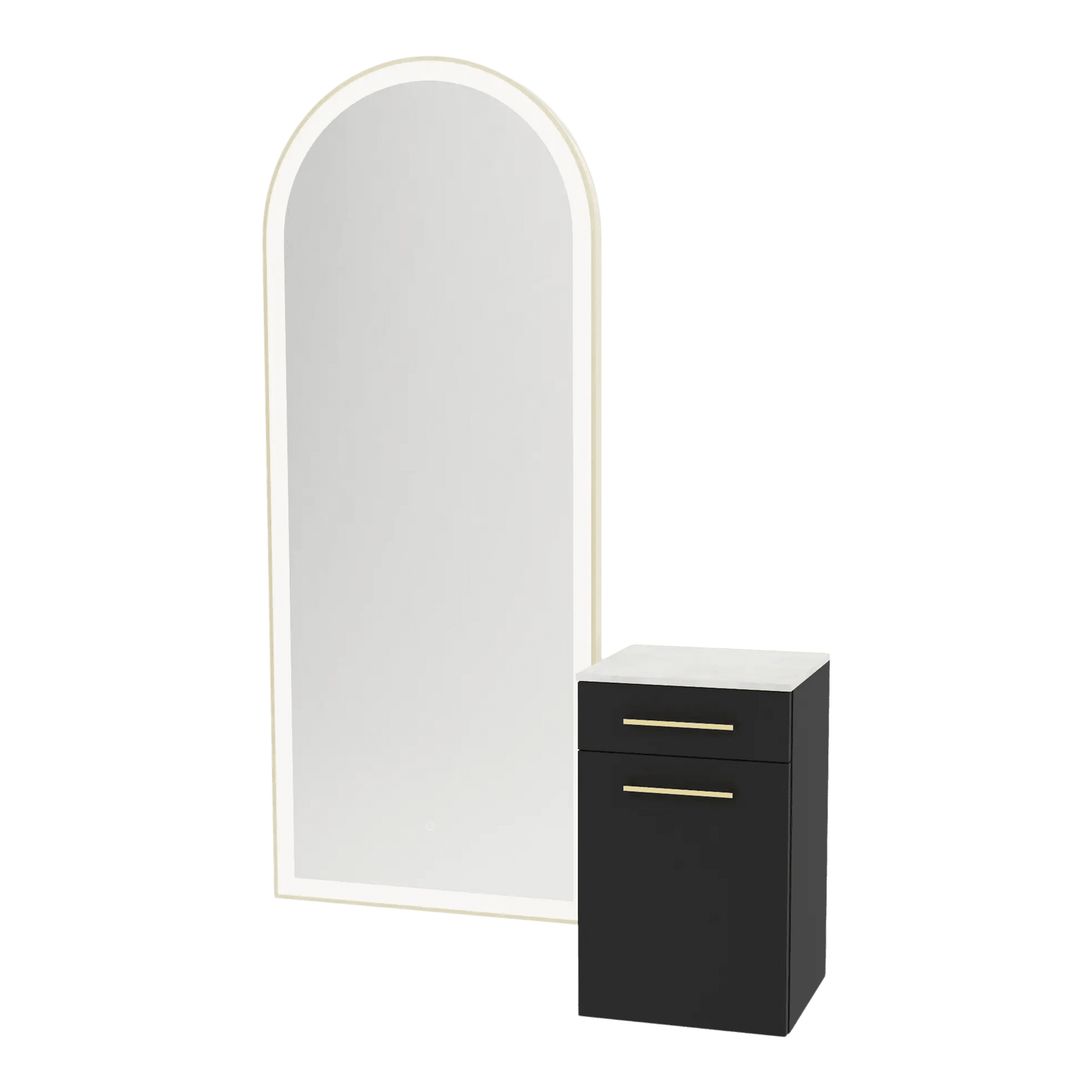 Glo Wall Mount Styling Station with Tilt-out Appliance Holder, Solid Surface Countertop, and Gold Full-Length Arch Paloma Mirror - Kaemark