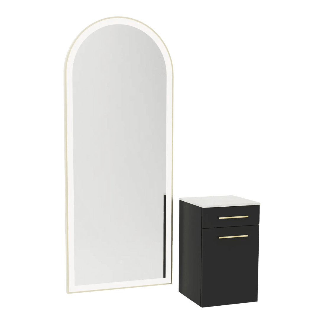 Glo Wall Mount Styling Station with Tilt-out Appliance Holder, Solid Surface Countertop, and Gold Full-Length Arch Paloma Mirror - Kaemark