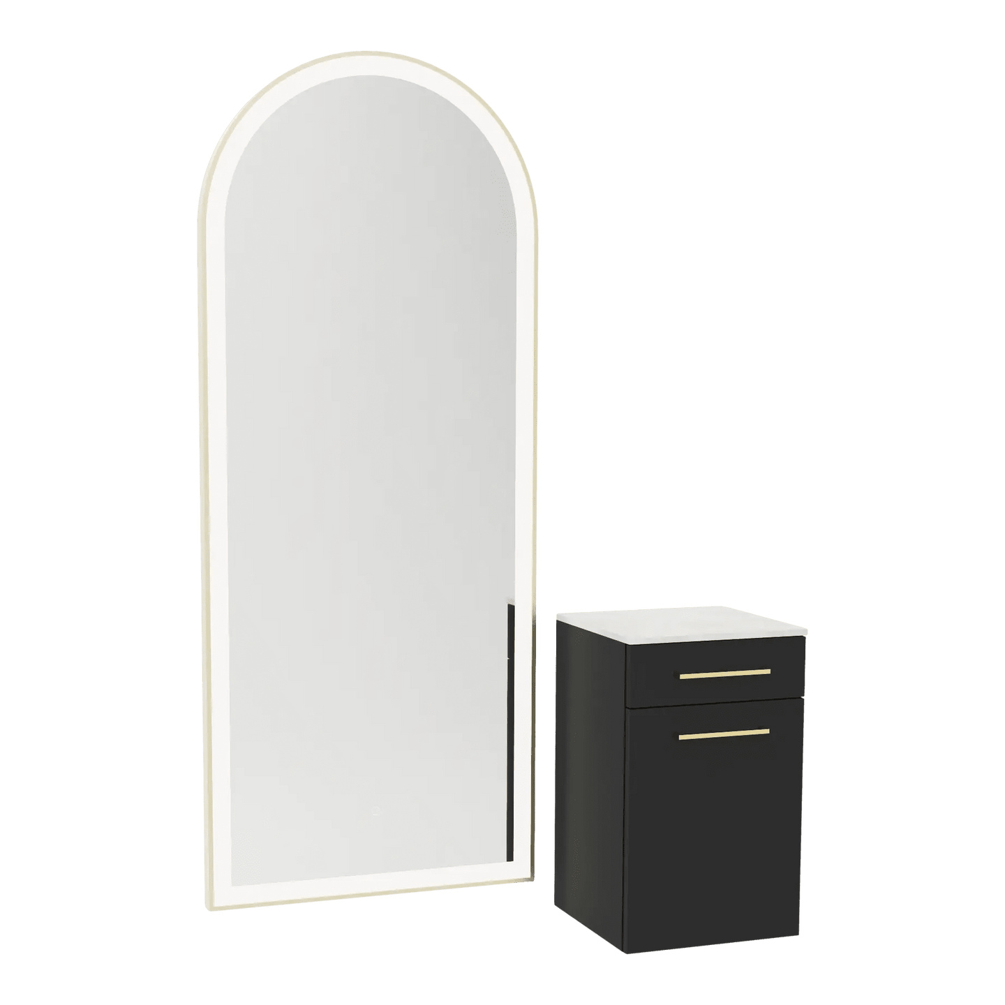 Glo Wall Mount Styling Station with Tilt-out Appliance Holder, Solid Surface Countertop, and Gold Full-Length Arch Paloma Mirror - Kaemark