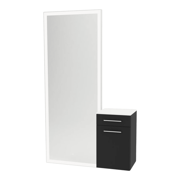 Glo Wall Mount Styling Station with Tilt-out Appliance Holder, Solid Surface Countertop, and Silver Full-Length Rectangle Glo Mirror - Kaemark