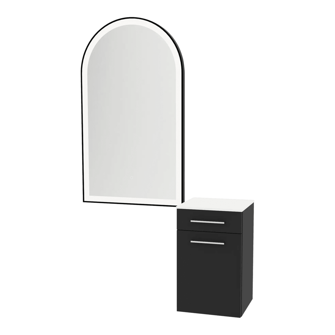 Glo Wall Mount Styling Station with Tilt-out Appliance Holder, Solid Surface Countertop, and Black Arch Paloma Mirror - Kaemark