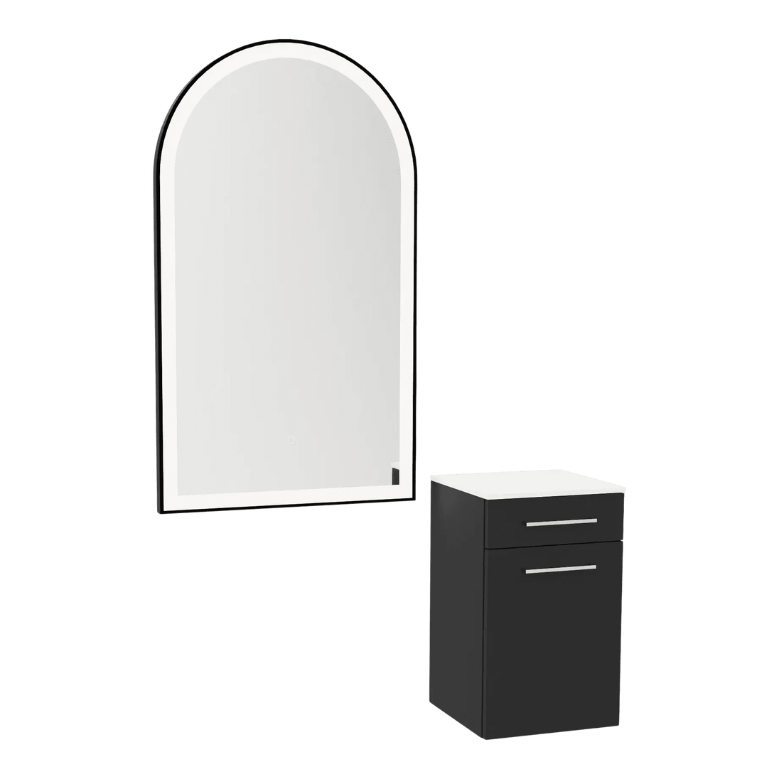 Glo Wall Mount Styling Station with Tilt-out Appliance Holder, Solid Surface Countertop, and Black Arch Paloma Mirror - Kaemark